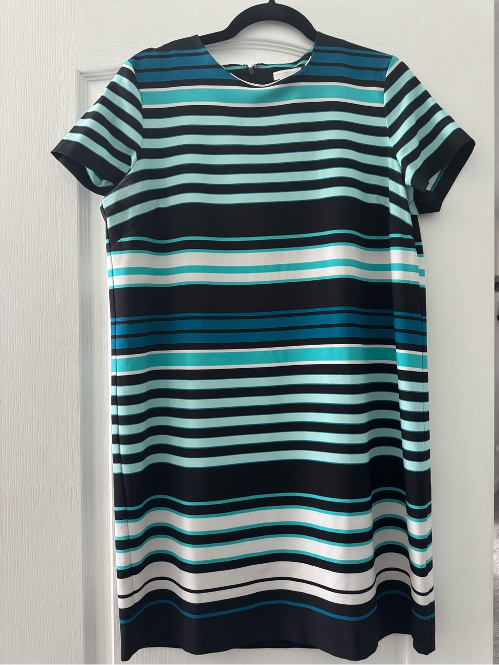 New York & Company Aqua, Teal and Black Striped Short-Sleeve Shift Dress
